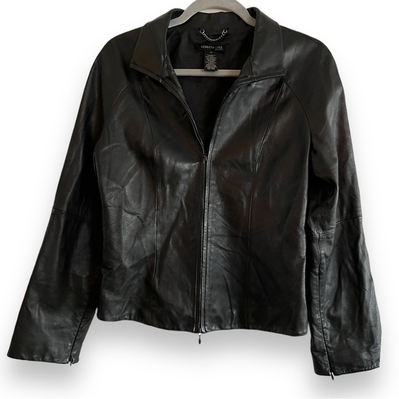 Kenneth Cole Leather Jacket Sz Medium Black Y2K 90s Buttery Soft Moto Zip Front